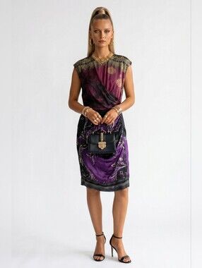 Etro Made in Italy Black Purple Gold Floral Paisley Draped Sleeveless Dress